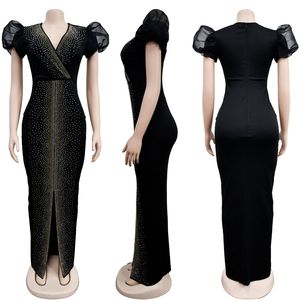 Elegantes Abendkleid für Damen mit Kurzen Ärmeln, V-Ausschnitt und Schlitz, Festliche Kleidung mit Funkelnden Strasssteinen, Maxi-Kleid - Product Image 6