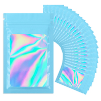 Petit sac cadeau holographique violet en Mylar avec fermeture éclair, un côté transparent, emballage holographique à l'arrière, résistant à l'humidité et pour pierres précieuses