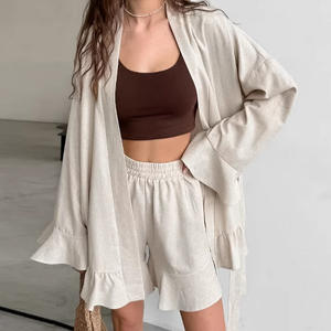 Disponibile Set Pigiama <span class=keywords><strong>da</strong></span> Donna in <span class=keywords><strong>Cotone</strong></span> e Lino con Volant Comodo e Ampio a Maniche Lunghe Nuovo Lussuoso Abbigliamento <span class=keywords><strong>da</strong></span> Casa - Product Image 2