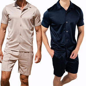 Ensemble de chemises à manches courtes décontractées en coton mercerisé pour hommes, <span class=keywords><strong>tenue</strong></span> en deux pièces, streetwear, logo personnalisé, vente en gros - Product Image 1