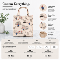 Sac fourre-tout en toile naturelle personnalisé avec logo, imprimé dessin animé, poignée longue, pour lancement de marque, fabrication OEM, approvisionnement en gros