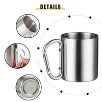 Mug à mousqueton 220 ml en gros, tasse à café isotherme en acier inoxydable à double paroi, gobelets de camping avec mousqueton
