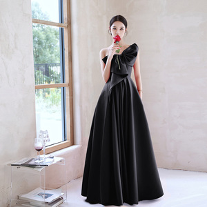 European American Style Black Evening Dress One Shoulder Long Skirt Satin Elegant Wedding Banquet Dress - Product Image 4
