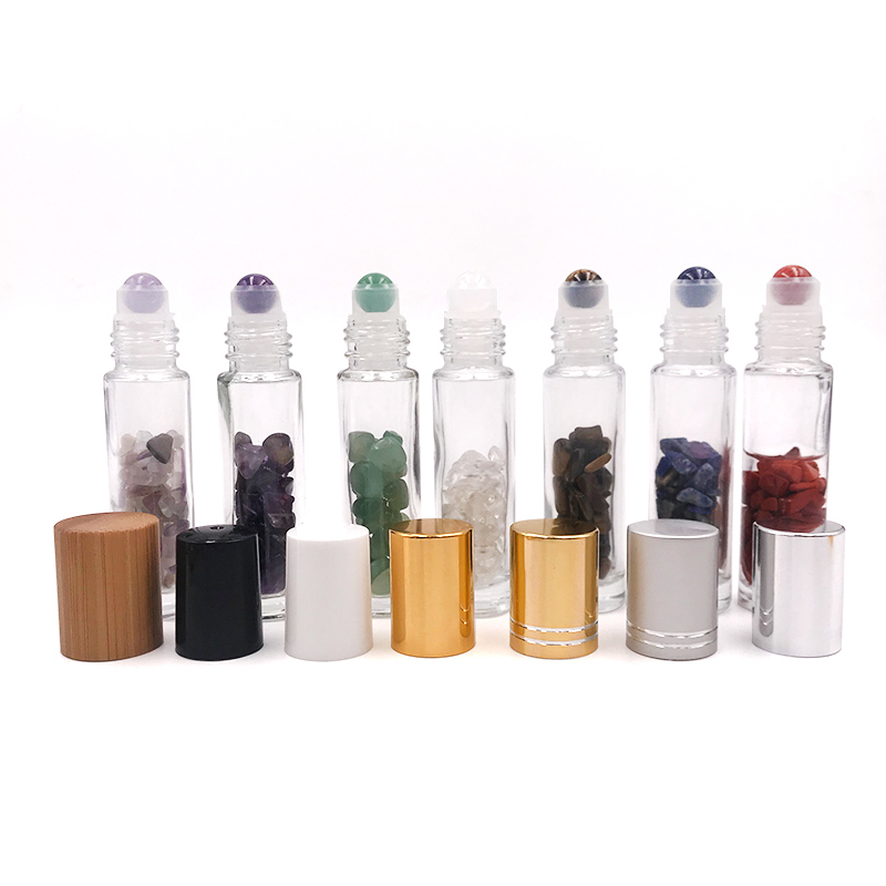 Wholesale 10ml Essential Oil Glass Roll On Bottle Gemstone Crystal Roller Bottles with Natural Stones