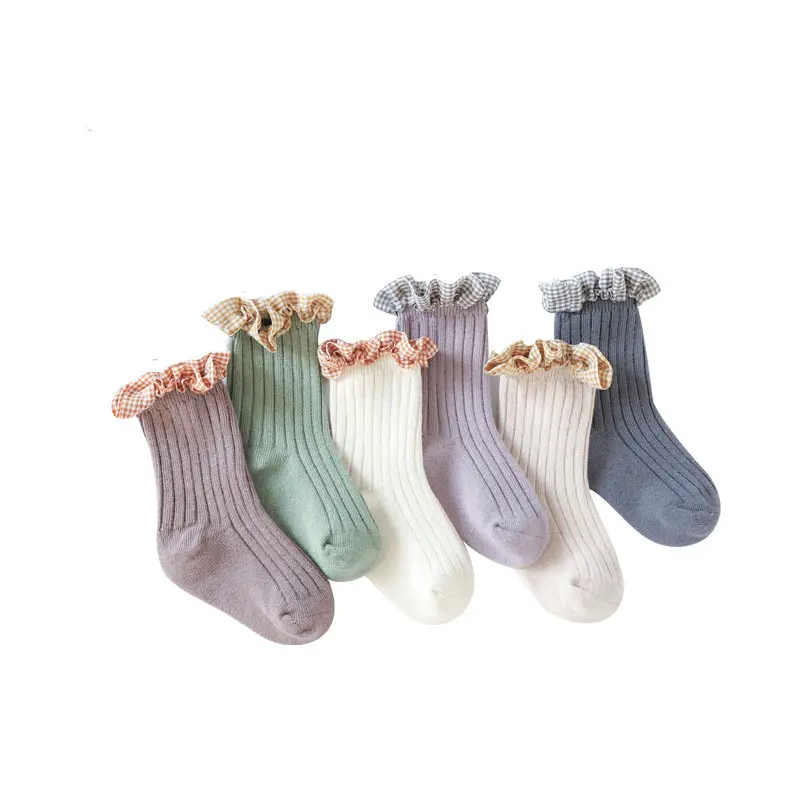 INS Autumn Winter Cotton Baby Socks Lace Ruffle Checkered Baby Socks Solid Color Booties Mid Tube Baby Girl Socks for 0-5 Years