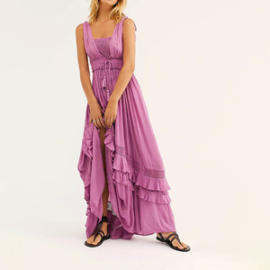 Vestido de lino con cuello en V y corte en A, diseño personalizado ODM, elegante vestido maxi con inserciones de encaje estampado, vestido informal de verano sin espalda de algodón crepé para mujer. - Product Image 2