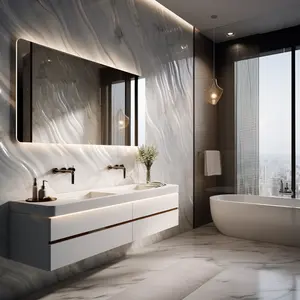 Kabinet cermin kamar mandi Led kustom sudut gaya Modern kabinet meja rias kamar mandi mengambang pasang di dinding modis