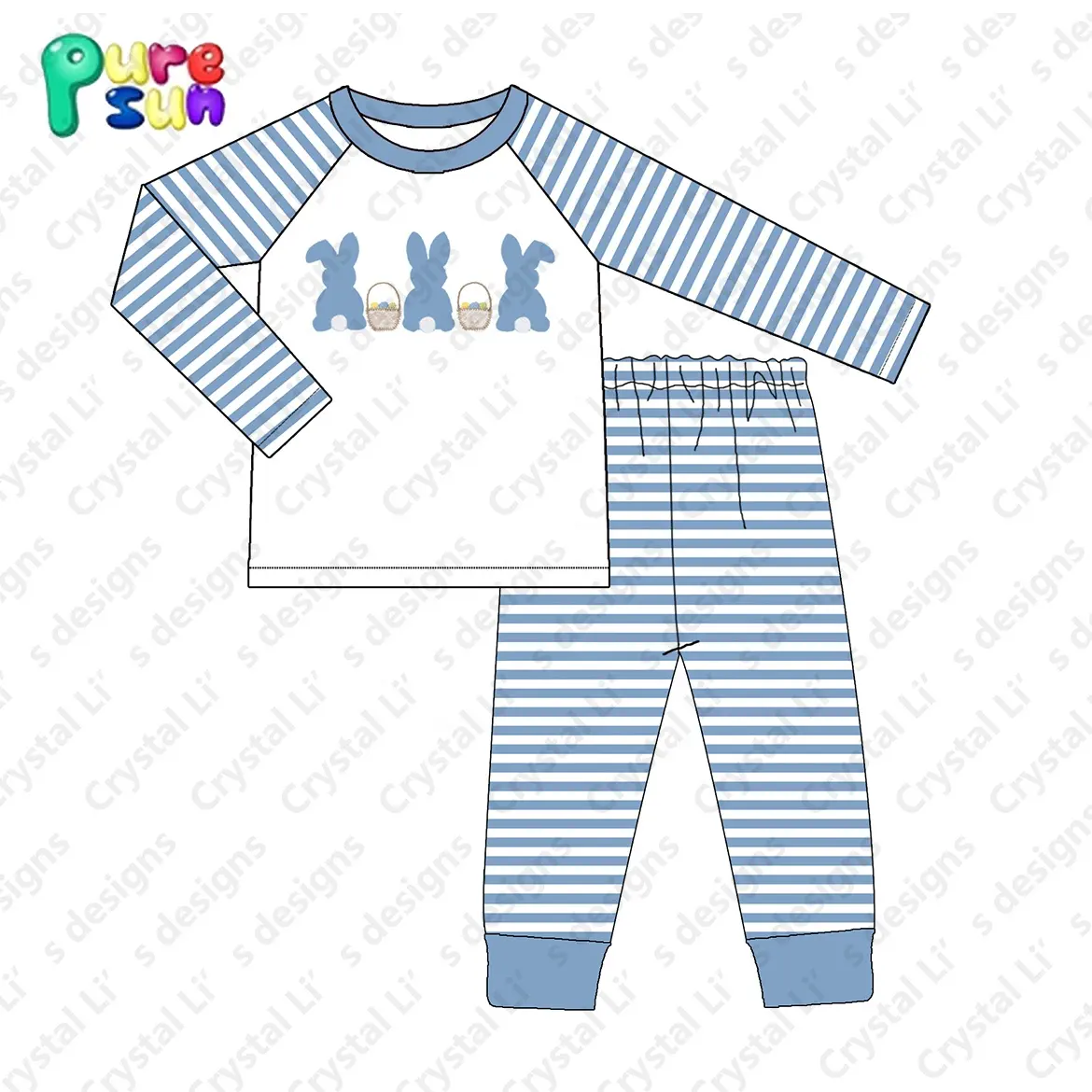 Directe Verkoop Jongen Boutique Nachtkleding Blauw En Wit Streep Baby Boy Pyjama Groothandel Jongens Pasen Pjs Pyjama Kids Kleding