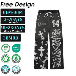 Pantalon de survêtement en molleton français surdimensionné de haute qualité, gris, à jambes larges et évasées, avec revers, pour hommes - Product Image 1