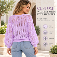 Pull personnalisé pour femme en maille ajourée, col lacé, manches longues bouffantes, idéal pour les vacances
