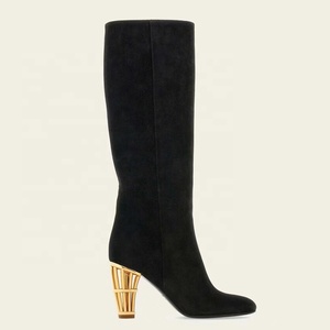 Women's Suede <b>Long</b> Boots High Chunky Cut Out Heels Square Toe Knee High Booties Straight Gold Heeled Shoes - Product Image 6
