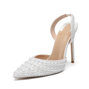 Escarpins à talons hauts pour femmes grandes tailles, entièrement ornés de perles, à bout pointu et bride arrière, élégants, blancs, pour tenues habillées, style sandales à talons sexy - Product Image 1