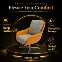 Fauteuil lounge pivotant en cuir avec accoudoirs en forme d'ailes |   Fauteuil pivotant à base croisée 4 étoiles en cuir orange et tweed gris