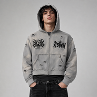 Sweat à capuche vintage en coton délavé imprimé avec strass et double fermeture éclair, sweat à capuche personnalisé en molleton bouclette pour homme