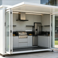 Îlot de cuisine extérieur moderne, modulaire, personnalisable, écologique, ignifuge, carré, laqué, avec barbecue au gaz et hotte aspirante