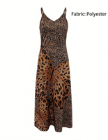 Robe longue décontractée d'été pour femme, style vintage, imprimé léopard, coupe trapèze, col en V, bretelles spaghetti, sans manches, vente en gros sur mesure
