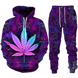 Arte pintura al óleo diseño 3D hoja impresión hombres deportes traje Sudadera con capucha y pantalones Conjunto 2 uds personalizado al por mayor Casual Streetwear sudaderas con capucha - Product Image 3