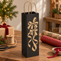 Sac cadeau en papier kraft pour bouteille de vin avec poignées torsadées, imprimé sur le devant, motif nœuds en papier - Noir