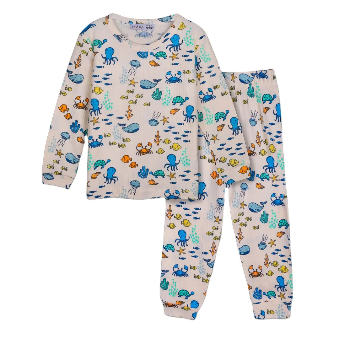 Low MOQ Kids Pajama Sets Sustainable and Playful Design Cotton Interlock Knit Fabric Pajama Set with Ocean Fish Patterns