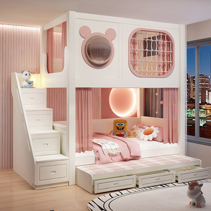 Lit superposé château de princesse contemporain pour filles avec toboggan, rangement, bois massif durable, rose, ensemble de meubles pour chambre d'enfant, salon - Product Image 1