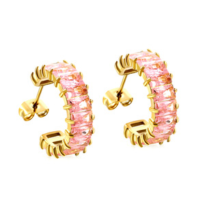 Pendientes de tuerca en forma de C con cristal rosa, chapados en oro, de aleación de zinc, joyería de moda para fiesta, pendientes geométricos para mujer. - Product Image 2