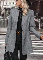 Veste en tweed gris à chevrons sans col pour femme, manteau droit mi-long à manches longues, vêtement d'extérieur pour le bureau, automne-hiver
