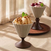 Cawan Es Krim Keramik Beralur dengan Alas Kayu Solid, Mangkuk Dessert Berlekuk 150ml, Set Penyaji Parfait Vintage