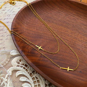 Double Layer <b>Cross</b> Necklace Gold Titanium Steel Geometric Pendant Women's Everyday Wear Clavicle <b>Chain</b> - Product Image 2