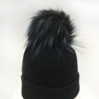 12-14cm noir avec pointe bleue couleur fourrure artificielle en peluche fausse fourrure de renard pompon avec bouton pour bonnet (pour les articles en stock uniquement)