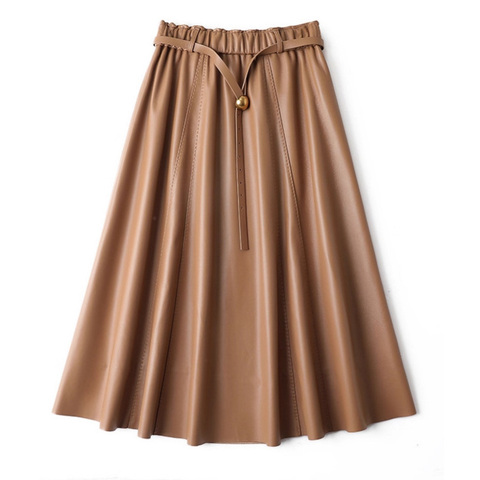 5399 Spring New Style Causal Sheepskin Elastic Waist Belt Long Genuine Leather Skirt for Women