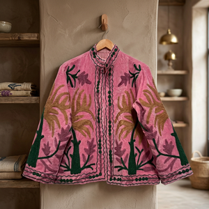 Veste en coton rose brodée à la main avec des motifs floraux, col mandarin, manches longues, style ethnique bohème pour femmes, veste Suzani d'automne - Product Image 3