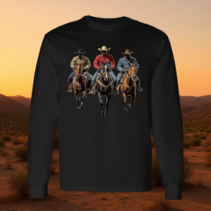 T-shirt noir à manches longues, design western avec cowboys afro-américains montant à cheval, Texas Rodeo - Product Image 3