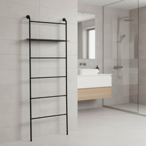 Toallero de Baño Minimalista Independiente de Hierro Negro con Estante de Almacenamiento para Artículos Diarios de Baño - Product Image 1