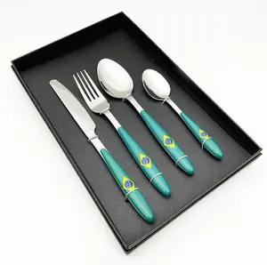 Western customized full tag plastic handle flatware set cutlery elegant stainless steel spoon and fork set copper dinnerware set