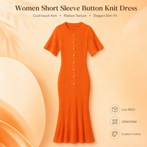 Wholesale OEM ODM Women European Style Crew Neck Short <strong>Sleeve</strong> Gold Button Front Trim <strong>Maxi</strong> Casual <strong>Summer</strong> Knit <strong>Dress</strong> - Product Image 2