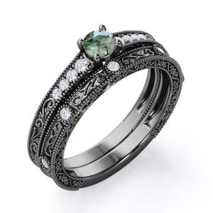 Anillo eduardiano Vintage grabado en plata de ley 925, anillo de bodas de ágata de musgo redonda de 0,6 quilates y moissanita para mujer - Product Image 5