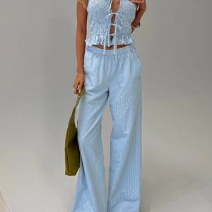 Conjunto Casual de 2 Piezas con Logotipo Personalizado, 100% Algodón, Pantalones Largos Holgados con Rayas Azules, Top Corto con Cordones, Tallas Grandes para Mujer - Product Image 4