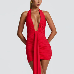 Miniabito estivo 2026 nuovo con scollo a V profondo, allacciatura all'americana, silhouette a bocciolo intrecciato, elegante, senza schienale, a vita alta, plissettato, tinta unita, sexy - Product Image 4