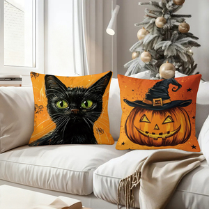 Halloween themed throw pillows featuring black cats and jack-o-lanterns for festive home decor - Product Image 4