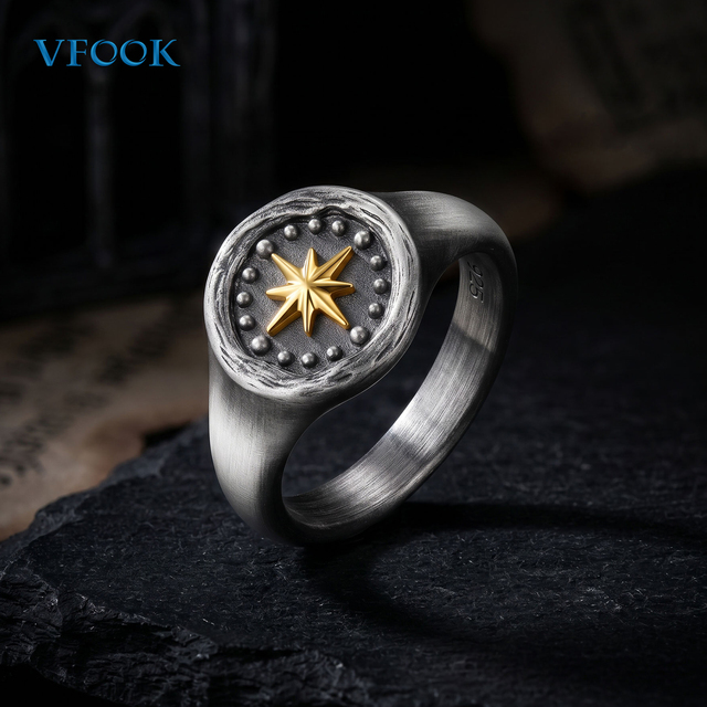 VFOOK Jewelry Antique Finish Men's Band Ring North Star Oxidized 925 Sterling Silver Ring for Street Style