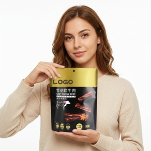 Bolsas personalizadas impresas de grado alimenticio con fondo plano, a prueba de humedad, para carne seca, con cierre de cremallera, tipo stand-up, de material compuesto. - Product Image 1