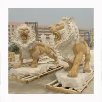 Açık dekorasyon hayvan heykeli yaşam boyutu el oyma doğal mermer taş kükreyen aslan heykelleri heykel