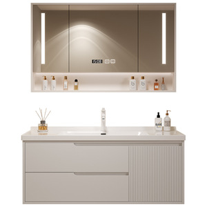 Ensemble de meubles de salle de bain en MDF avec lavabo simple, comptoir en marbre, armoires de lavabo, meubles de salle de bain avec miroir pour hôtel, villa - Product Image 4