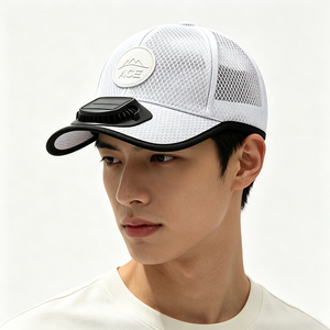 Solar <b>Powered</b> Fan Full <b>Mesh</b> Baseball Cap Detachable Solar Cooling Breathable Custom PU Leather Patch Logo Outdoor OEM Hat - Product Image 1