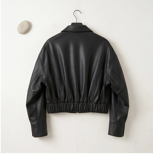 <span class=keywords><strong>Giacca</strong></span> da motociclista da <span class=keywords><strong>donna</strong></span> in pelle di pecora opaca, modello loose con risvolto a <span class=keywords><strong>camicia</strong></span>, orlo arricciato, corta, stile vintage street - Product Image 3