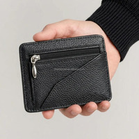 Dompet Kartu Minimalis Kulit PU Lychee dengan Kantong Koin Ber-resleting, Tipis, Banyak Slot Kartu untuk Pria Wanita, Tempat Kartu Kredit