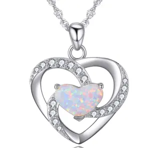 Hot Sale Wholesale Fine Jewelry White Gold Plated 925 Sterling Silver Opal Heart Love Pendant Necklace For Women