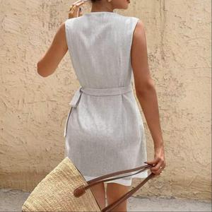 Robe d'été décontractée ample en lin et coton, col en V, sans manches, avec ceinture et ourlet asymétrique, vente en gros - Product Image 2
