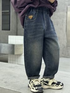 Jeans pour garçons, pantalon ample à jambe droite avec ceinture élastique, denim non extensible pour vêtements de tous les jours et formels-toute saison jeunesse - Product Image 3