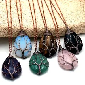 Tree of Life Theme Copper Brass Bronze Wire Wrapped Big Teardrop Natural Semi-precious Stones Charms Necklace Jewelry Pendant